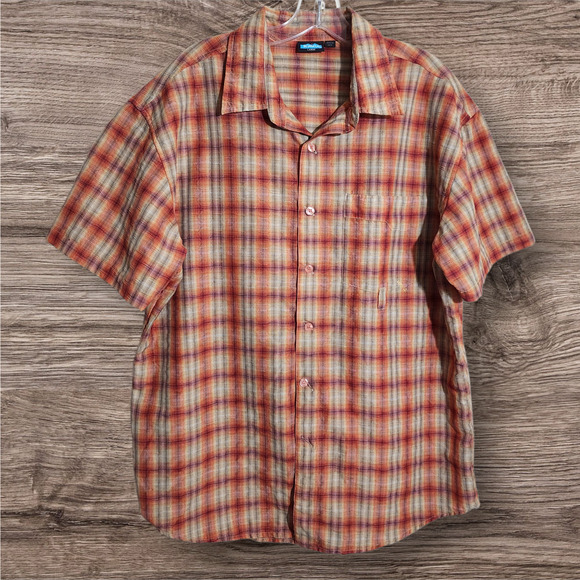 Vintage Kavu textured plaid short sleeve button front shirt men's size large - Picture 1 of 14